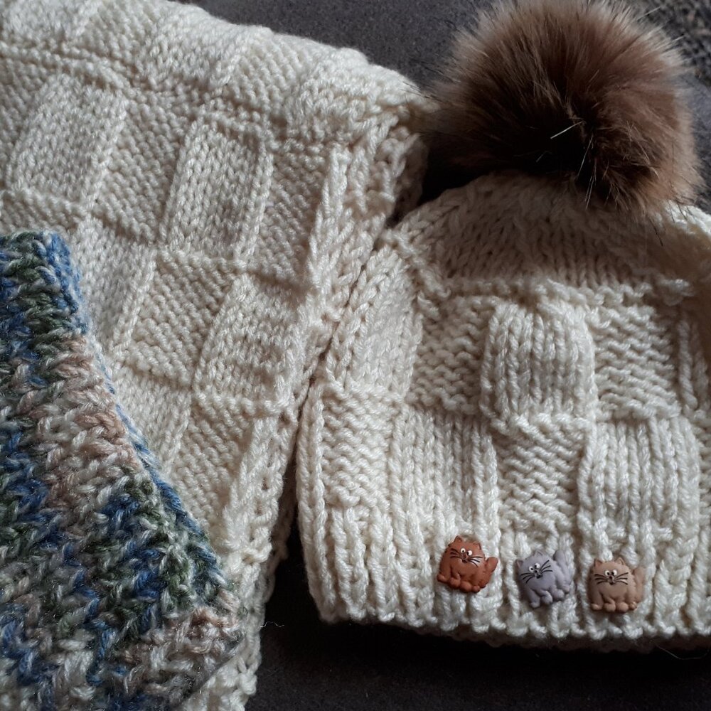Hat, infiniti scarf and headband, 100% acrylic